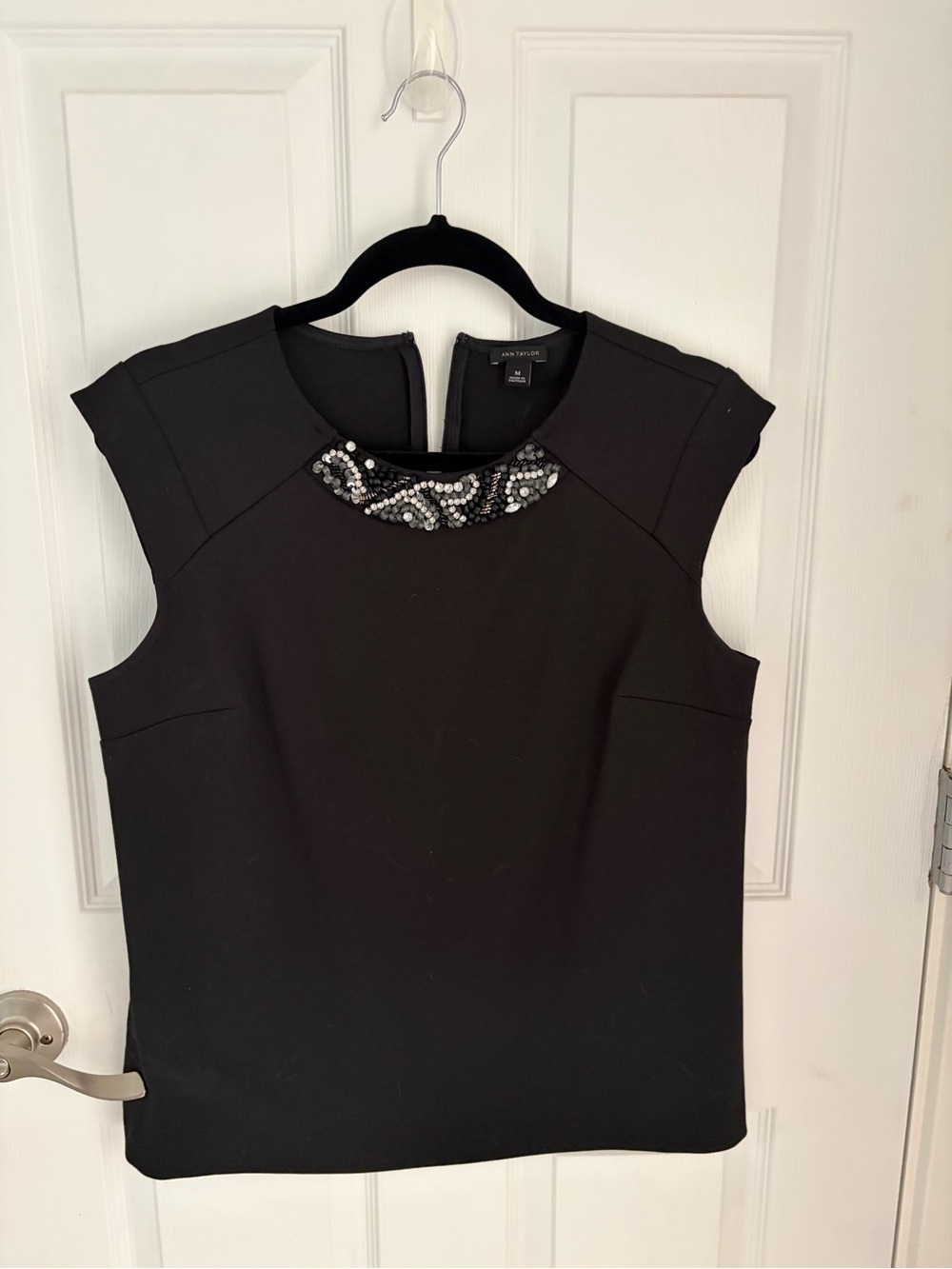 Ann Taylor Black Shell Top with Silver Beaded Neckline